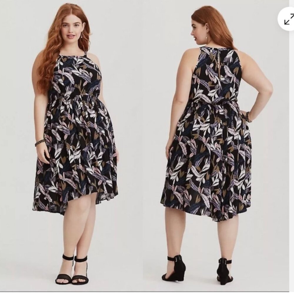 Torrid palm leaf Challis high‎ neck midi dress 00
